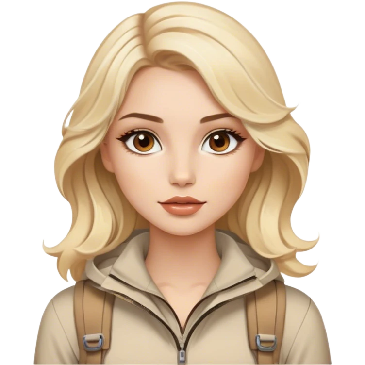 Luxury blonde model, brown eyes, luxury makeup, sleek wavy beige-blonde hair, hiking outfit emoji