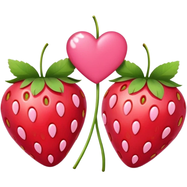 Two strawberries with a pink bow on the stem, with a pink background and white hearts emoji