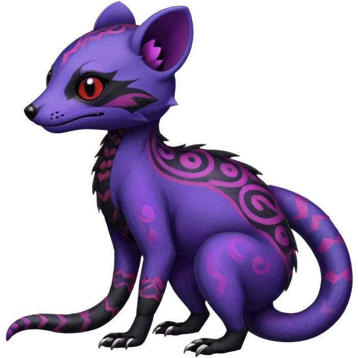 Rare warm-colored exotic gloomy tropical edgy cute epic aesthetic spooky indigo violet purple black red gothic colorful Salandit-Civet-species-Fakemon-hybrid-creature, with tribal tattoo markings, full body emoji