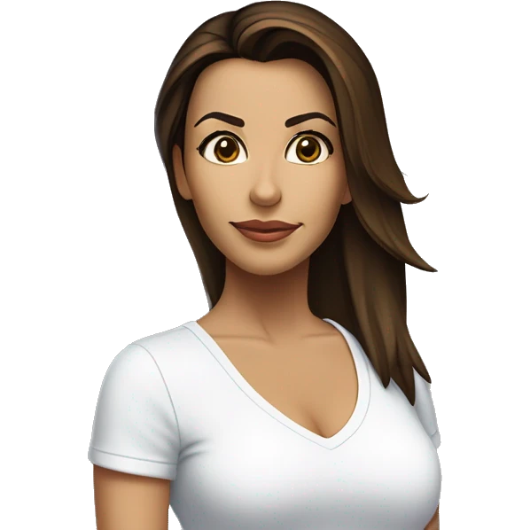 3/4 face, contrasted, shadow, light, Eva Longoria expression, standing from a distance, thin nose, brunette woman, hazel eyes, long eyelashes, dark shoulder shaded hair, white t-shirt, jeans, white sneakers emoji