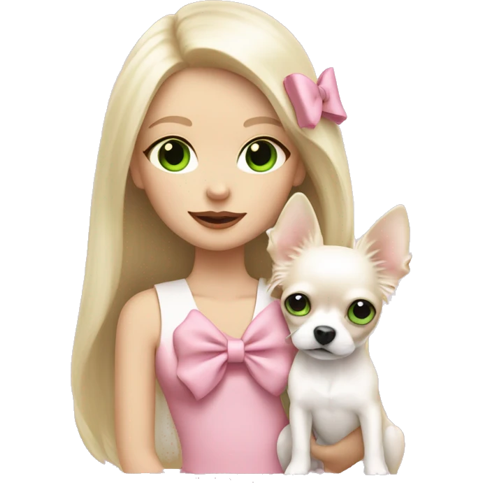 pale blond girl with long platinum hair with green eyes holding a white chihuahua puppy that wearing a pink bow emoji