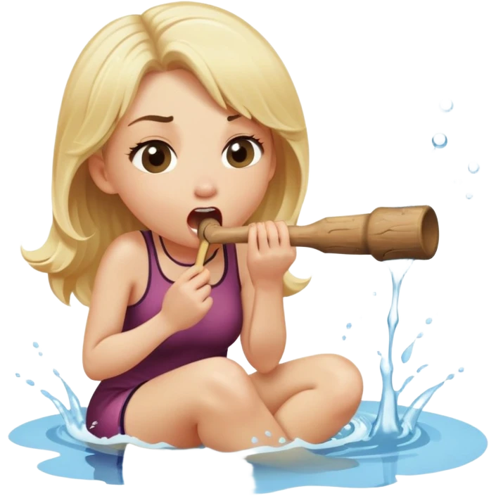 blond woman sitting on her knees, biting a wide stick with a D-shaped knob, both the same color as her skin, the knob has visible skin texture, water jet shooting from the flat side of the knob into her mouth, surprised look emoji