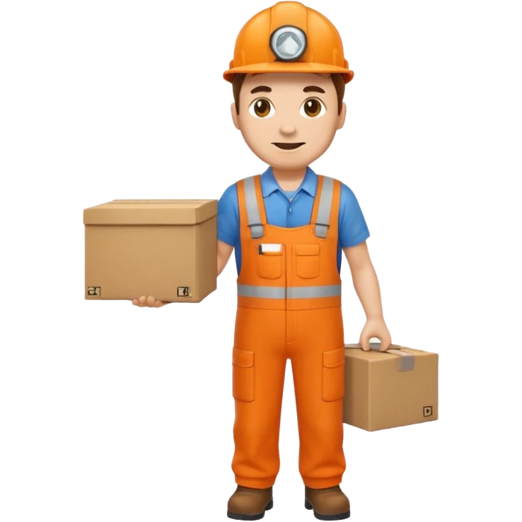 emoji style railway engineer full body in orange overalls, carrying a box with both hands emoji