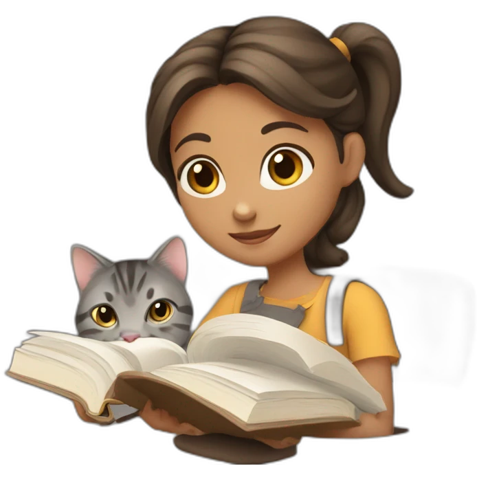 Brown hear Girl working with books and a gray tabby cat emoji