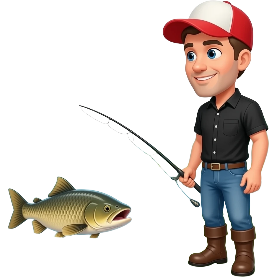 a guy with  a red and white hat on with a black shirt looking into the river at a huge arapaima fish he lost swimming away emoji