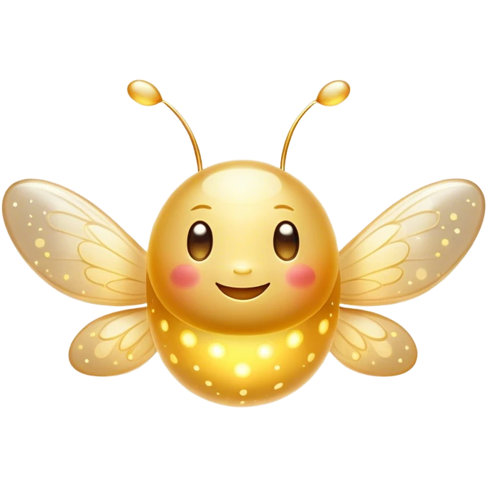 Cinematic tiny glowing firefly, round and chubby, soft golden light, tiny happy face, gentle floating motion, surrounded by dreamy sparkling dots. emoji
