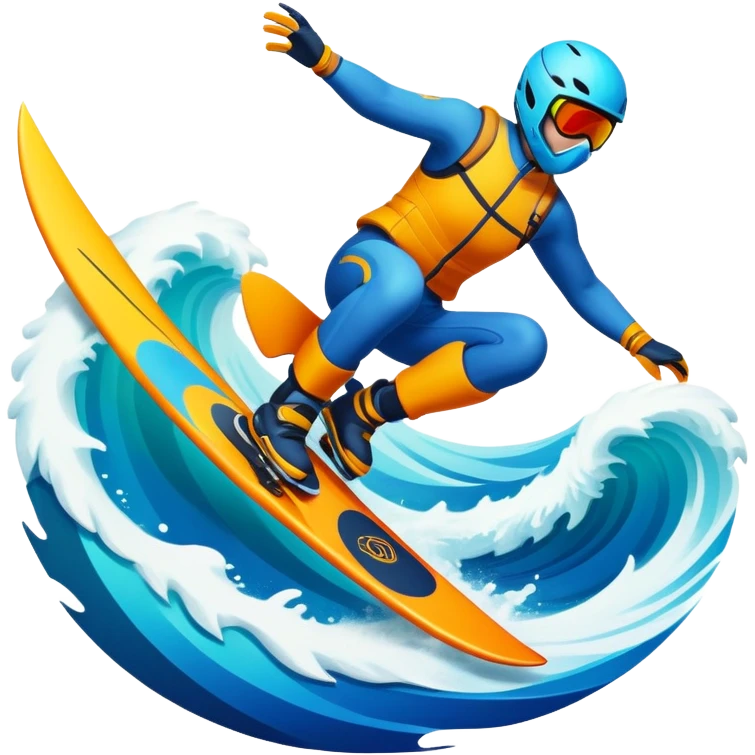 An emblematic symbol featuring a stylized figure in mid-action, representing extreme sports. The design incorporates dynamic lines and bold shapes, with elements like mountains, waves, and flying objects, capturing the thrill and adrenaline of various extreme sports in a single, unified icon. emoji
