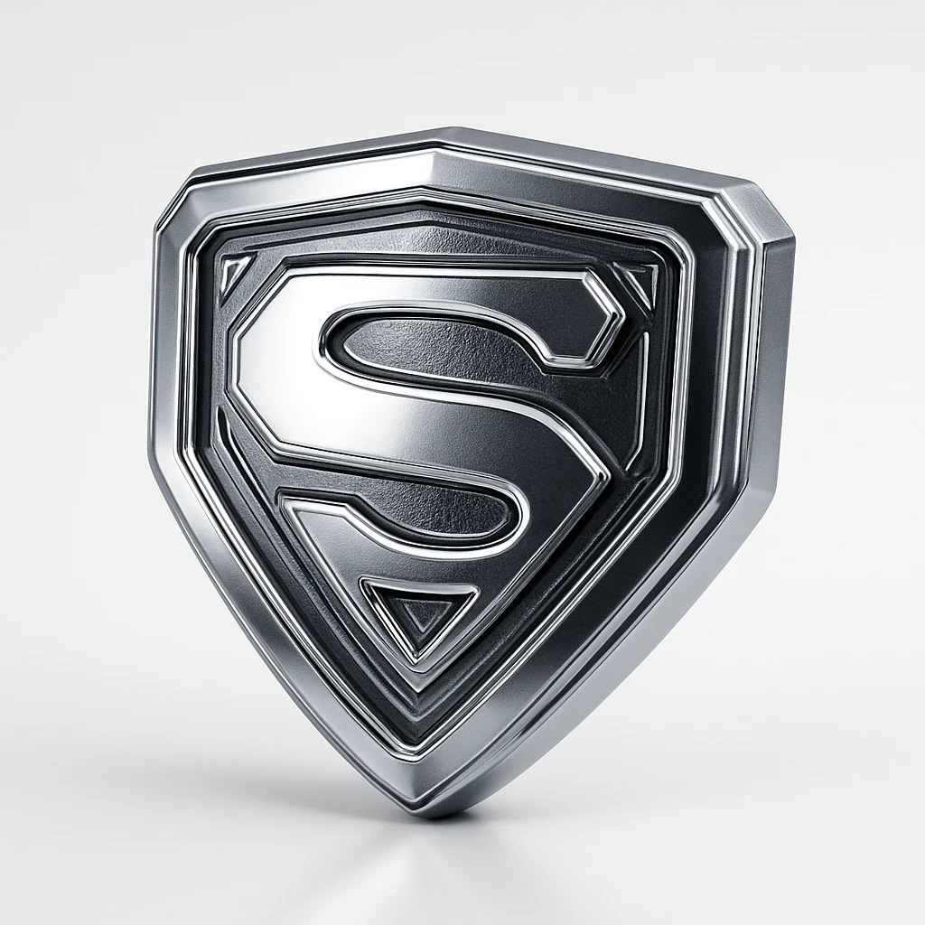 shiny chrome-style icon of a hero emblem, futuristic and bold emoji