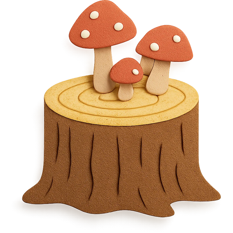 tree stump cake topped with mushrooms, forest dessert concept, paper-craft style emoji