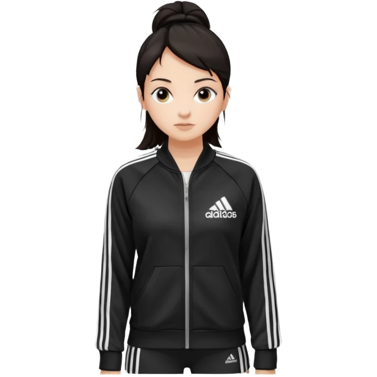 A girl with  medium length, dark hair, fair skin. The style is a layered cut that falls around her shoulders. wore black Adidas track jacket with white stripes on the sleeves. It has a full zipper down the front, a stand-up collar, and the Adidas logo on the right chest emoji emoji