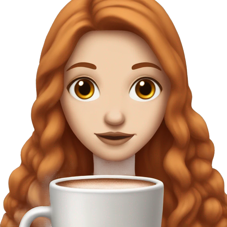 white girl with red long hair and brown eyes and a hot chocolate emoji