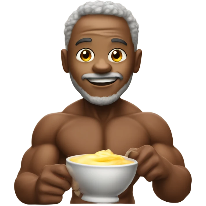 Jamal as a world champion body builder eating custard with is grandpa  emoji