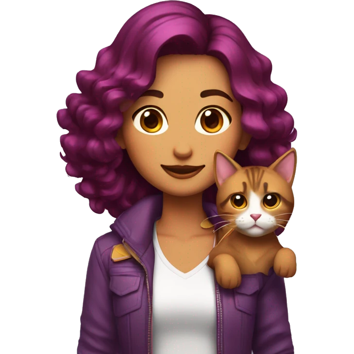 chica con pelo marron y mechas moradas con un gato emoji