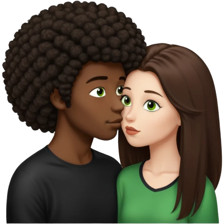 girl with long brown straight hair and green eyes kissing dark boy with afro and big nose emoji