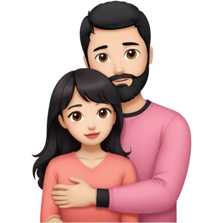 handsome asian man with black hair and beard, hugging cute woman with light tan skin, big black eyes, long wavy reddish brown hair, bangs, pink top, coral lipstick emoji