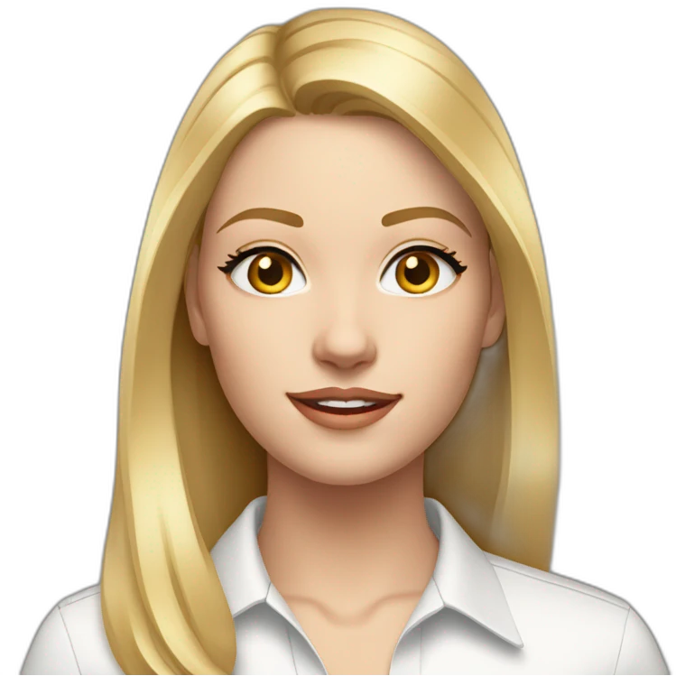 young woman with grey eyes and straight shoulder length blonde hair wearing a white button up and golden hoop earrings emoji