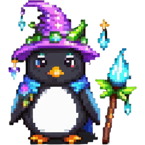 penguin wizard with magical sparkles, a unicorn, fairy, and tiny goblin companion in a pixelated fantasy world emoji