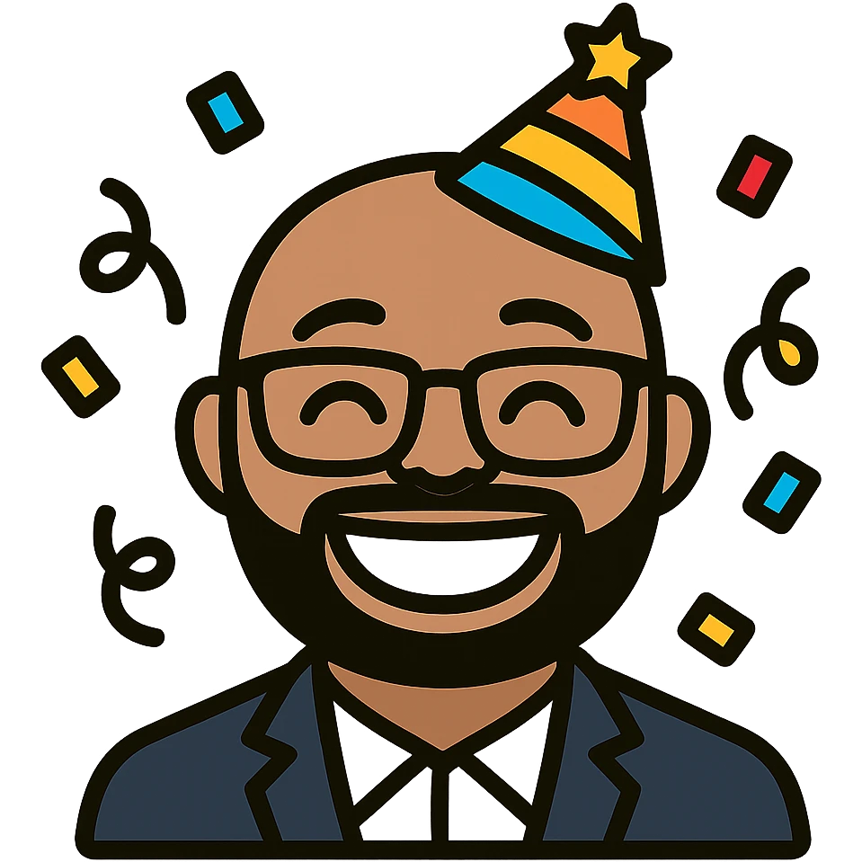 Create a funny celebration emoji version of the person in the photo with an exaggerated smile and glasses. Add party elements like confetti and a party hat. Do not include any hand gestures. Keep the background transparent. emoji