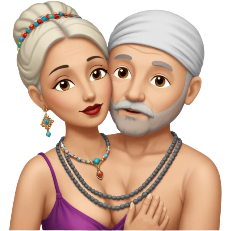 A man in his 60s balding with a grey beard passionately kissing the vagina  of an Indian woman in her 40s wearing a beads chain with here cleavage visible and embracing the man emoji