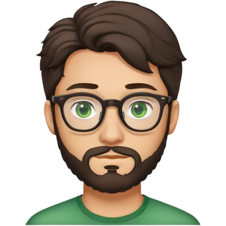 young man with dark slightly curled hair wearing glasses with green eyes and light beard emoji