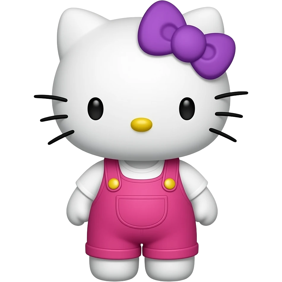 Hello Kitty wearing hot pink overalls and a white shirt with a purple bow emoji