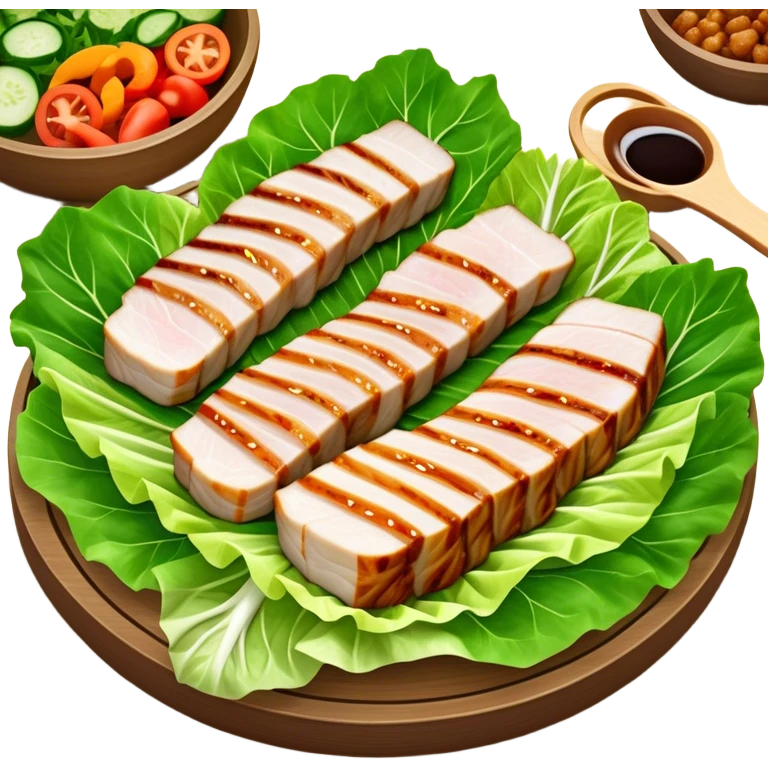 Samgyeopsal Cinematic Realistic Samgyeopsal Dish Emoji, depicted as slices of grilled pork belly served in crisp lettuce leaves with assorted fresh vegetables, rendered with dynamic textures and appetizing, natural lighting. emoji