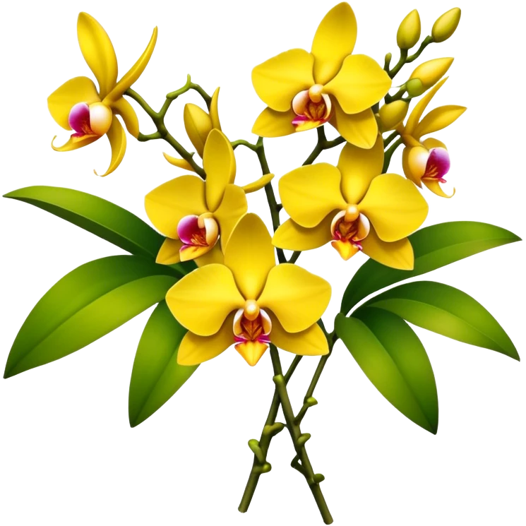 big bouquet yellow Dendrobium Orchid, stem, leaf emoji