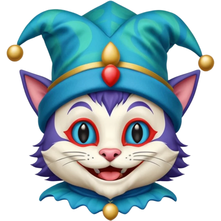 crazy colorful cute little cat jolly joker from poker, medieval, vintage, court jester, mac os icon, blue color emoji