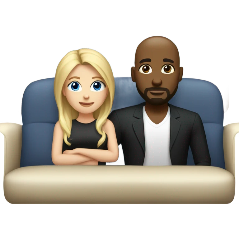 Blonde woman with blue eyes and long straight hair and black man who is bald with a goatee seated together on a sofa with their arms around each other.   emoji