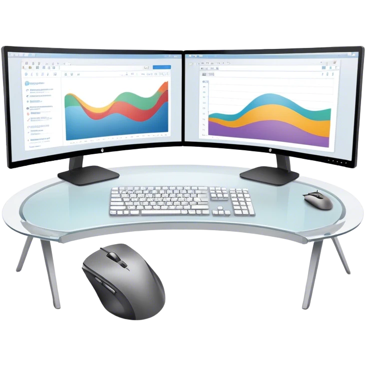 Create an emoji for UX/UI design. Show two large curved monitors displaying UX/UI design interfaces. Include a mouse, keyboard, and stylus next to the screens. Use modern, professional colors. Do not include any emojis or smiley faces. Make the background transparent. emoji