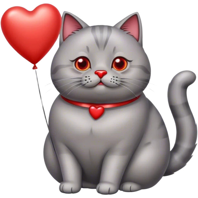 gray fat British cat and red heart metallic baloon emoji