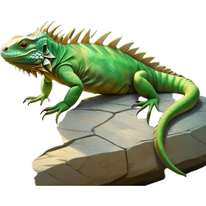 cinematic-iguana-realistic-full-body-basking-emoji,-long-scaly-body-stretched-out-on-a-sunlit-rock,-spiny-ridge-running-down-its-back,-textured-green-and-brown-skin-dappled-with-light,-sharp-intelligent-eyes-studying-the-surroundings,-long-tail-draped-over-the-stone,-simplified-yet-realistic-focused-features,-highly-detailed,-glowing-with-a-warm-tropical-glow

 emoji