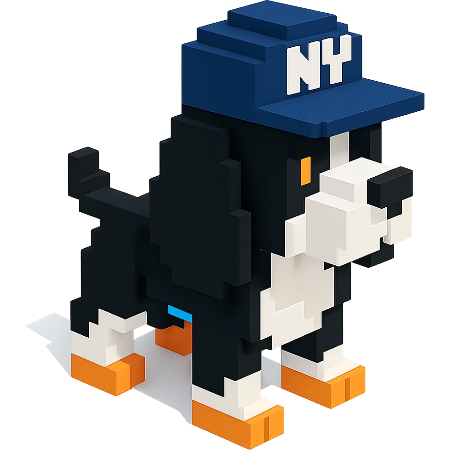 A black and white Russian Cocker Spaniel puppy wearing a NY cap, facing right emoji