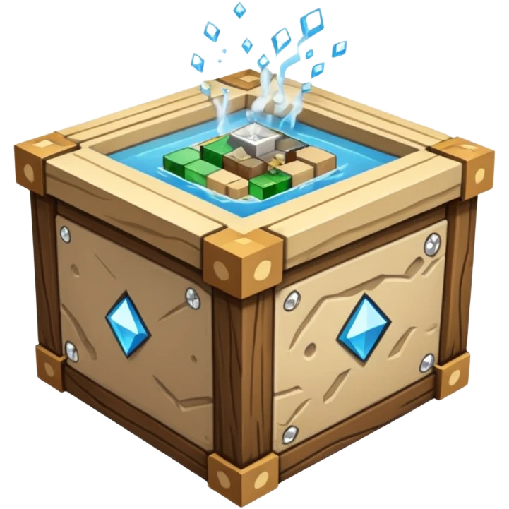 crafting table with tools, stone, wood, glass, sand, steam, water, diamonds... like a minecraft style cube crafting table  emoji