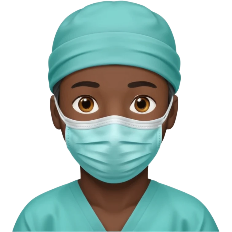 A dark-skinned man with brown eyes, wearing a teal surgical cap and face mask. emoji