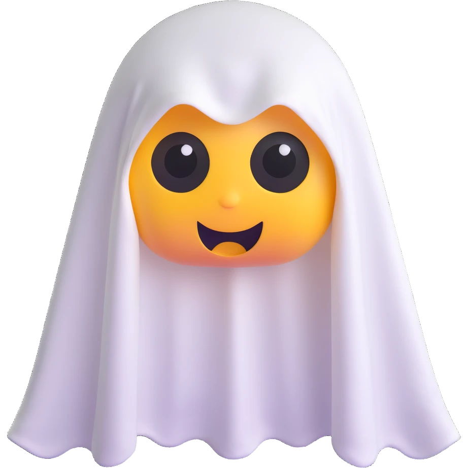 yellow emoji with white ghost sheet over it, large scared eyes emoji