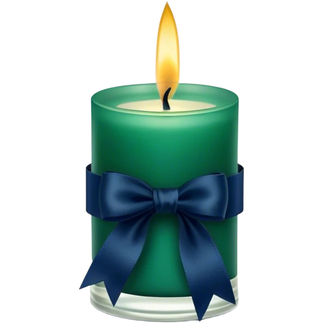 A charmingly arranged composition of a glass candle in a rich emerald shade, placed next to a carefully folded navy blue ribbon. emoji