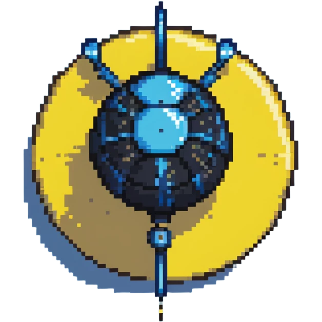 Blue digital bomb with blue antenna-like fuse at the top, round black bomb body with blue accents, pixel art style emoji