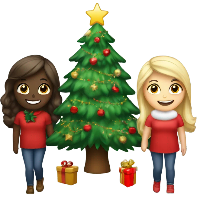 A Christmas tree that says “besties “ with three girls , 2 brunettes and a Blonde next to the tree  emoji