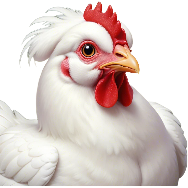 Cinematic Cute White Chicken Portrait Emoji, Head tilted playfully and inquisitively, featuring smooth, immaculate white feathers and a delicate red comb, round, sparkling beady eyes filled with curiosity, Simplified yet irresistibly adorable features, highly detailed, glowing with a warm, friendly glow, high shine, affectionate and lively, stylized with a touch of farmyard whimsy, bright and endearing, soft glowing outline, capturing the essence of a mischievous yet loving chicken, so playful it feels like it could peck out of the screen and into your arms! emoji