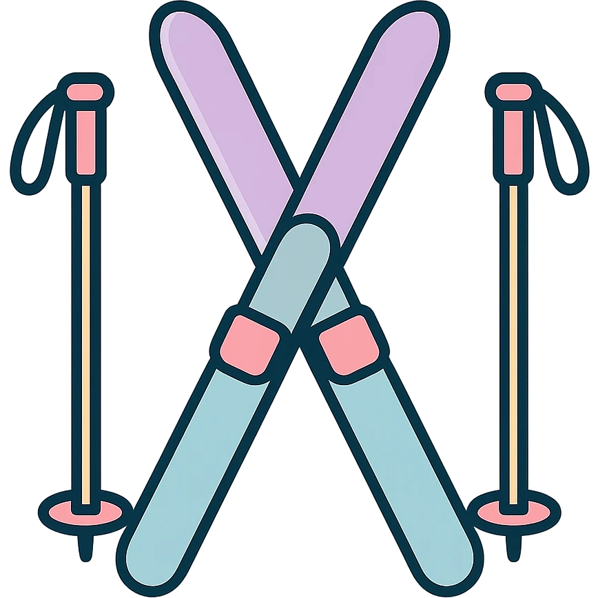 cross-country skis standing, tips crossing at the top, slightly inclined in opposite directions, poles on the sides, detailed shading, thin clean outlines, soft rounded features, pastel palette #98B5BC #B5B3C1 #C9A3C9 #E4C0CA #F7DCD1 #F7C0AA, Japanese pop art, sticker look, highly detailed, vector clarity, soft lighting, subtle shadows, transparent background emoji