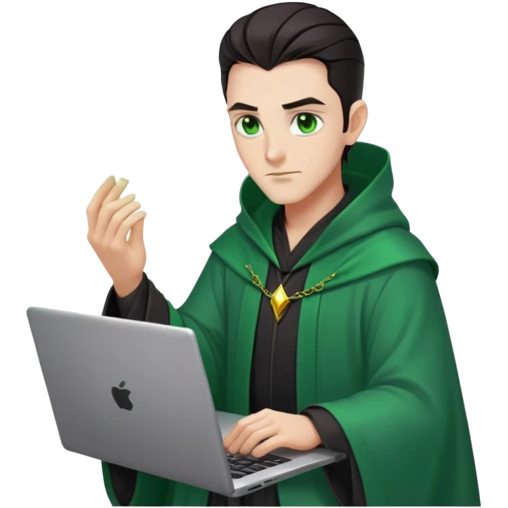 male wizzard with dark hair, slick back hairstyle, green eyes, dark robe green aura coding on laptop emoji