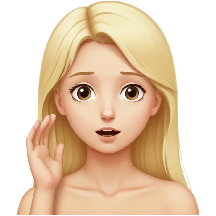 A closeup of a Blond Girl being facefucked by semi-invisible big penis in her throat, girl looking up towards her partner, semi-invisible hands on her head, seggestive and sexual tone emoji