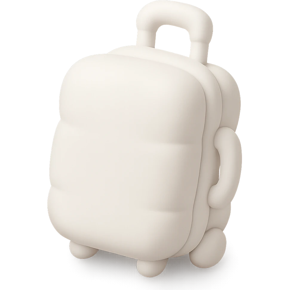 white suitcase on wheels, mochi style, angled view, soft shadows and highlights, pure white color, transparent background, no decoration emoji