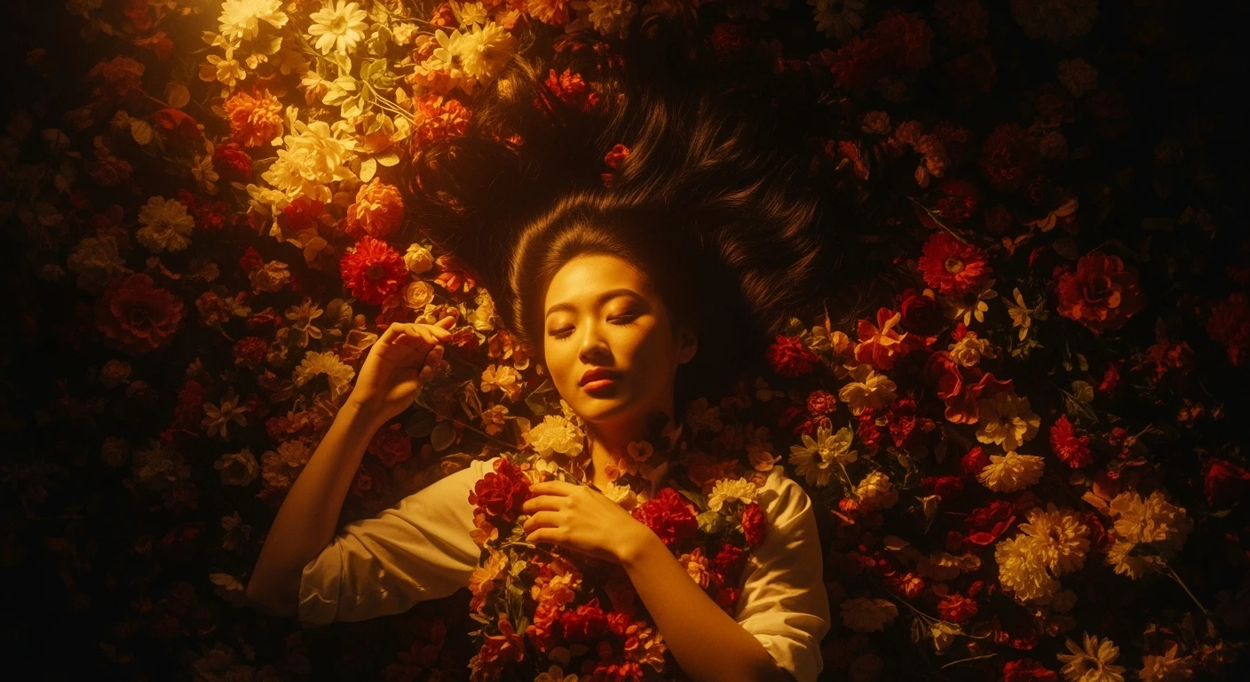 Camera drom top, Motion blur Extreme Closeup photo of a beautifull woman lay around beautifull colorfull flowers, cinematic light, 8K, very detailed, sharp, depth (foreground, midground, background) Spotlight, dark environemnt emoji