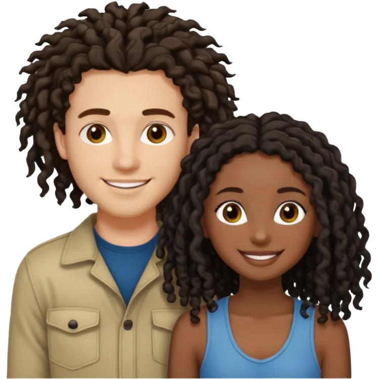 Creamy white boyfriend with medium curly dark brown hair with a dark black girlfriend with shoulder length thin curly dreadlocks emoji