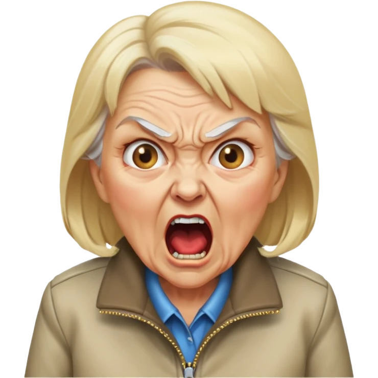 angry old lady with blonde hair and a jacket, yelling expression emoji