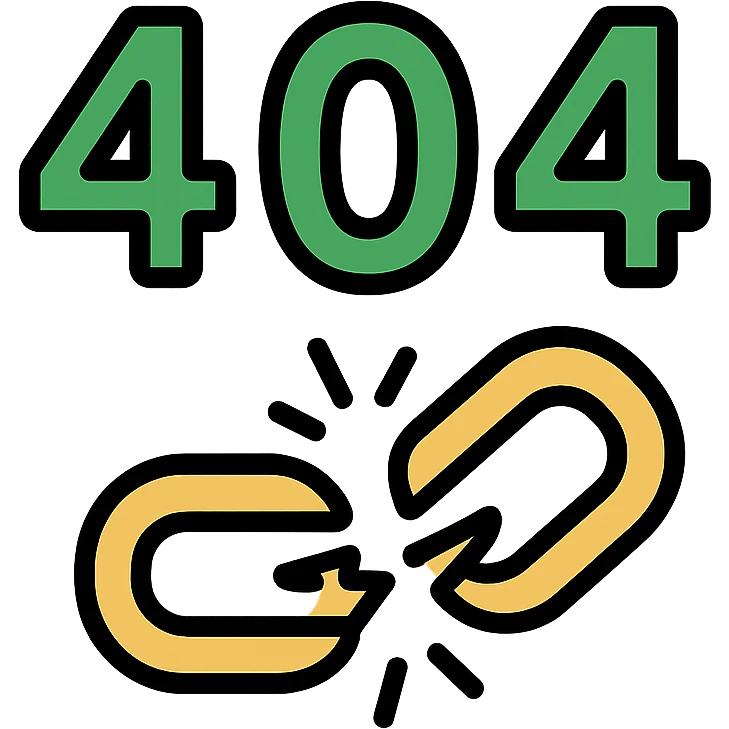 404 in green and black, color outline icon style, with a broken link symbol emoji