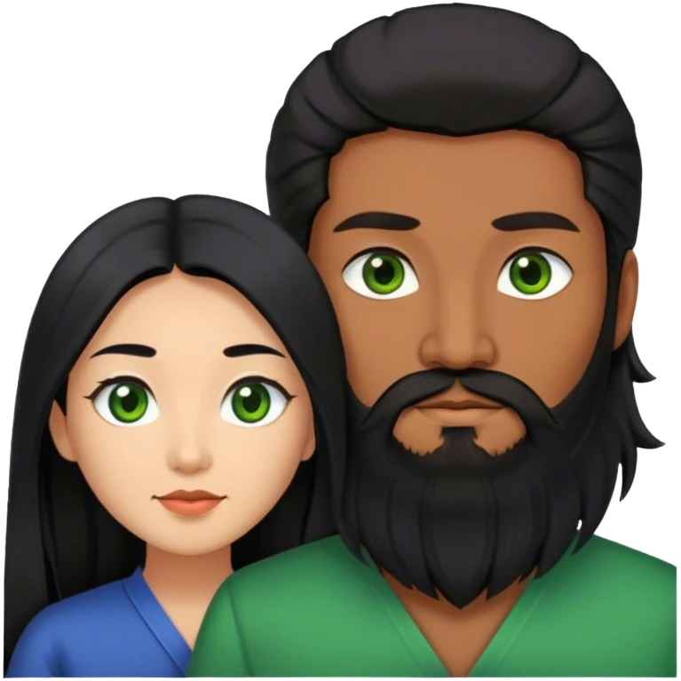Asian woman with black long hair together with European guy who has black beard and green eyes  emoji