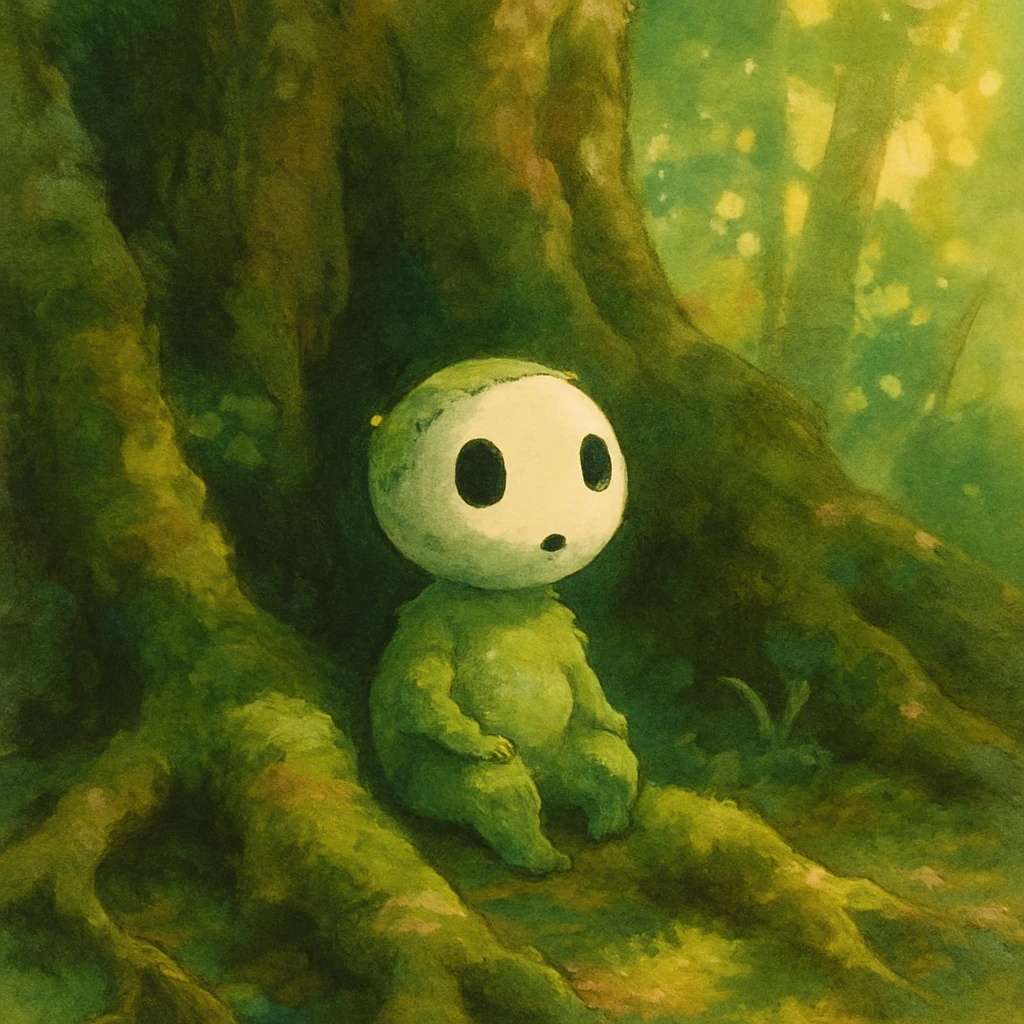 A tiny tree spirit with a round, white face and rattling head similar to kodama, sitting amongst ancient roots with soft moss growing on its body, painted in a whimsical style with dappled forest light emoji
